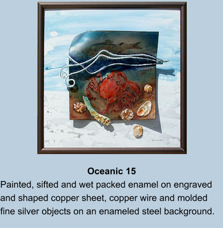 Oceanic 15 Painted, sifted and wet packed enamel on engraved and shaped copper sheet, copper wire and molded fine silver objects on an enameled steel background.